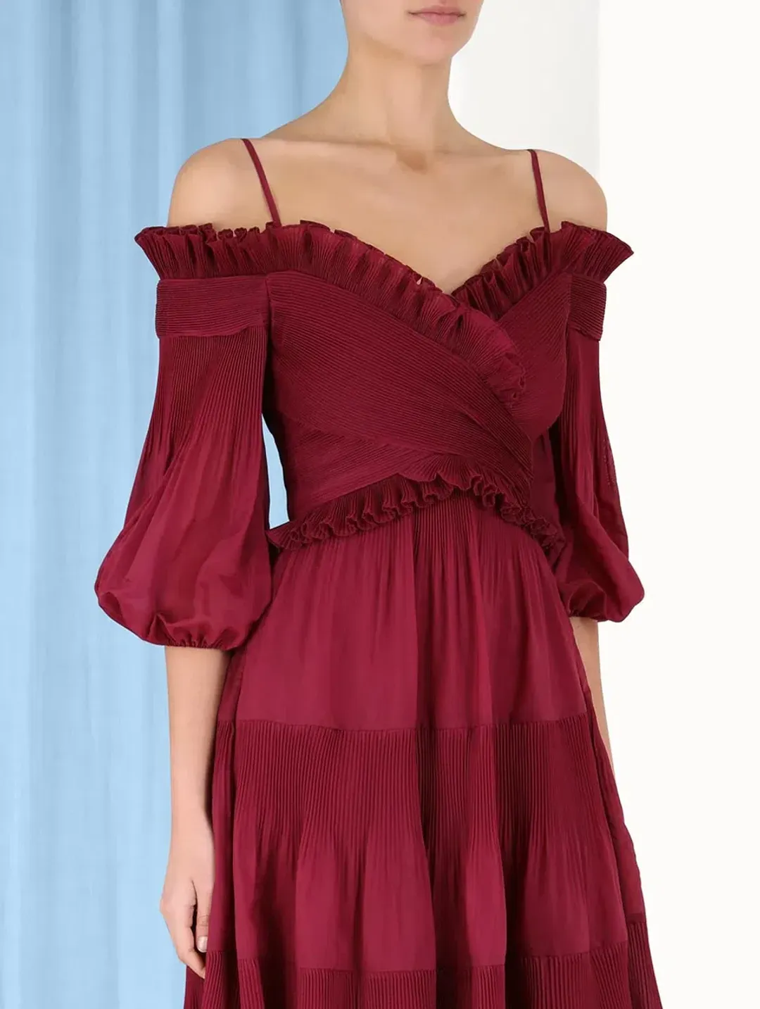 Zimmerman Pleated Off Shoulder Midi Dress Berry Size 1/AU 10 for rent on The Volte - main image
