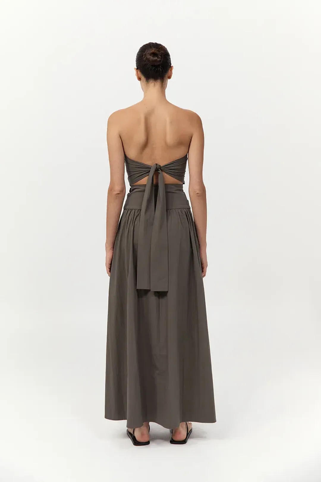 St. Agni Gathered Strapless Tie Back Maxi Dress in Khaki Size S/AU 8 for rent on The Volte - main image