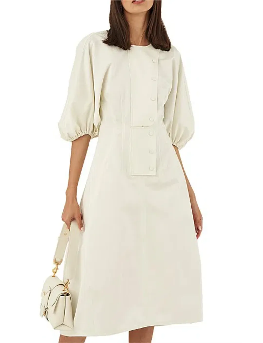 Oroton Sculptured Sleeve Midi Dress in Egg Shell Cream Size 8 for rent on The Volte - main image