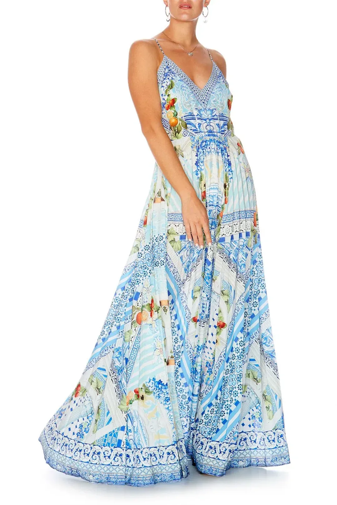 Camilla A Night To Remember Crystal Embellished Printed Blue Silk Maxi Dress Size M / AU 12 for rent on The Volte - main image
