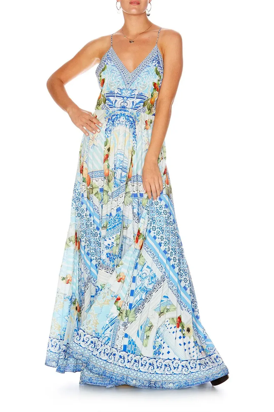 Camilla A Night To Remember Crystal Embellished Printed Blue Silk Maxi Dress Size M / AU 12 for rent on The Volte - main image