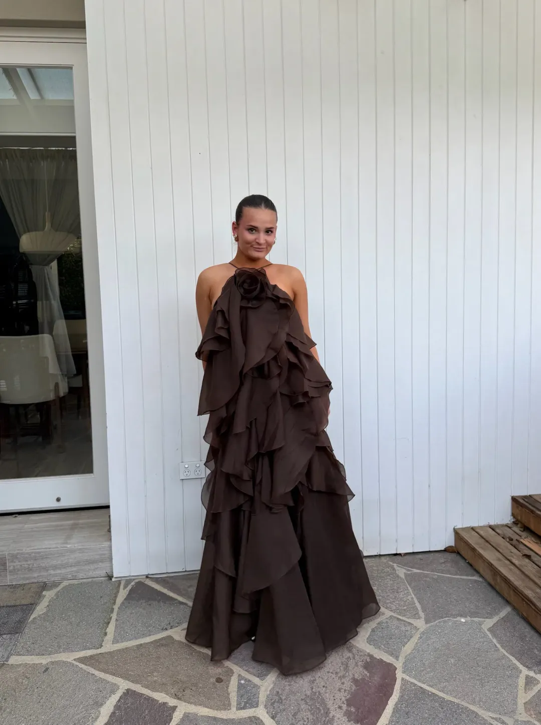 Aje Pandorea Layered Maxi Dress Brown Size AU 6 for rent on The Volte - main image