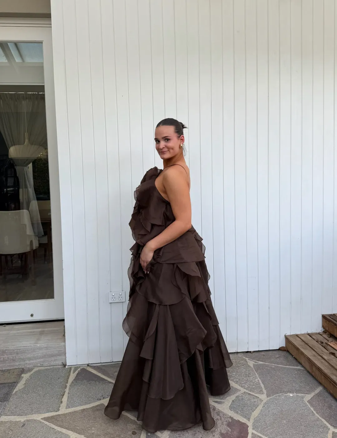 Aje Pandorea Layered Maxi Dress in brown size 10 (fits a 10-14) for rent on The Volte - main image