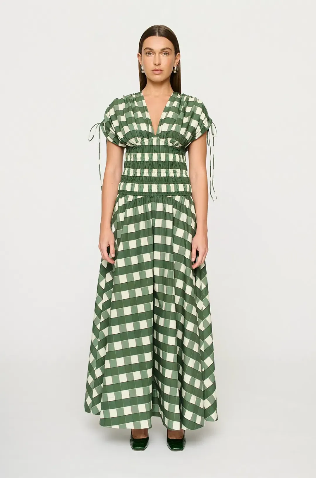 Clea Ottavia Maxi Dress Green Check Size 6/XS for rent on The Volte - main image