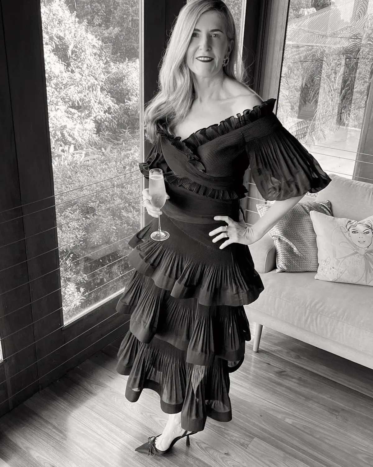 Zimmermann Pleated Off Shoulder Top and Ruffle Skirt Set Black Size AU 10 for rent on The Volte - main image
