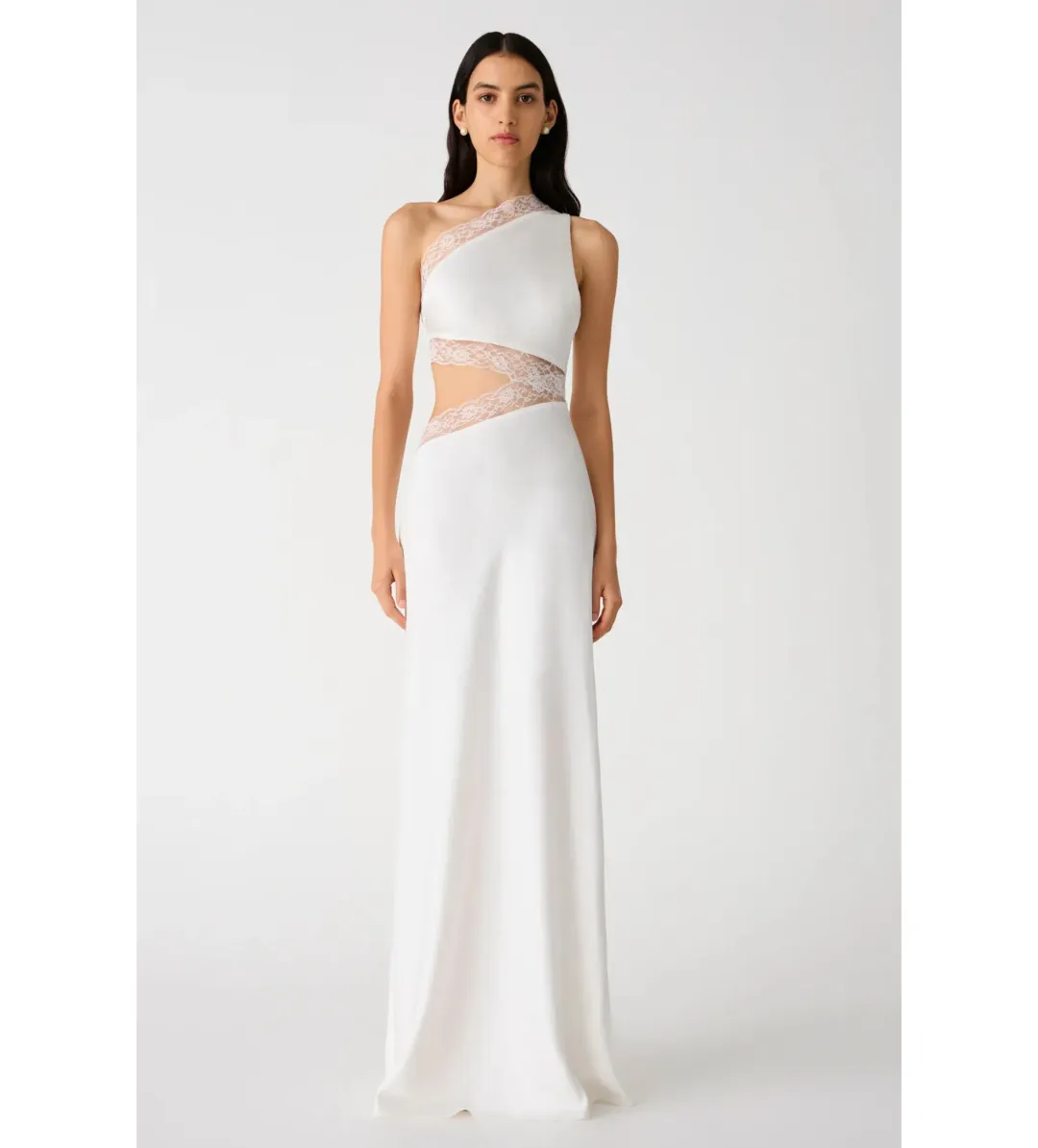Misha Jillian Asymmetric Lace Gown in Ivory Size 12/L for rent on The Volte - main image