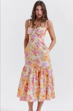 House of CB Elia Ivory Multi Floral Midi Sundress Size 8 for rent on The Volte - image 1