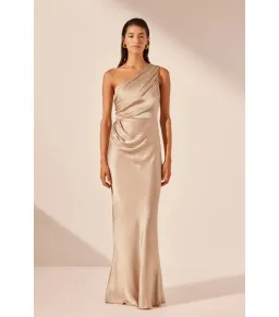 Shona Joy La Lune Gathered One Shoulder Maxi Dress Gold Size AU 16 for rent on The Volte - image 1