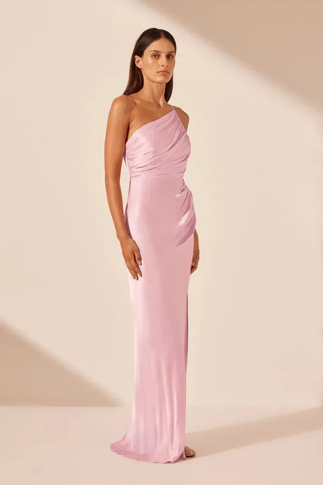 Shona Joy La Lune Asymmetrical Gathered Maxi Dress in Peony Size AU 10 for rent on The Volte - main image