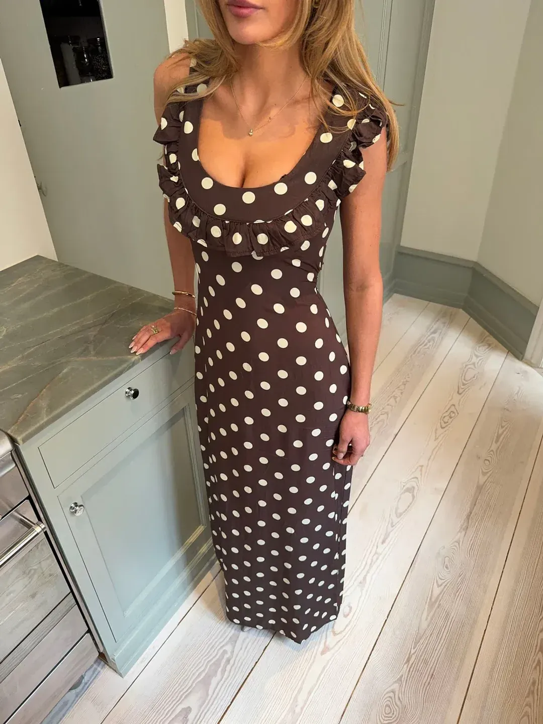 Design By Si Luna Dress Maxi Dress Brown Polka Size 8 for rent on The Volte - main image