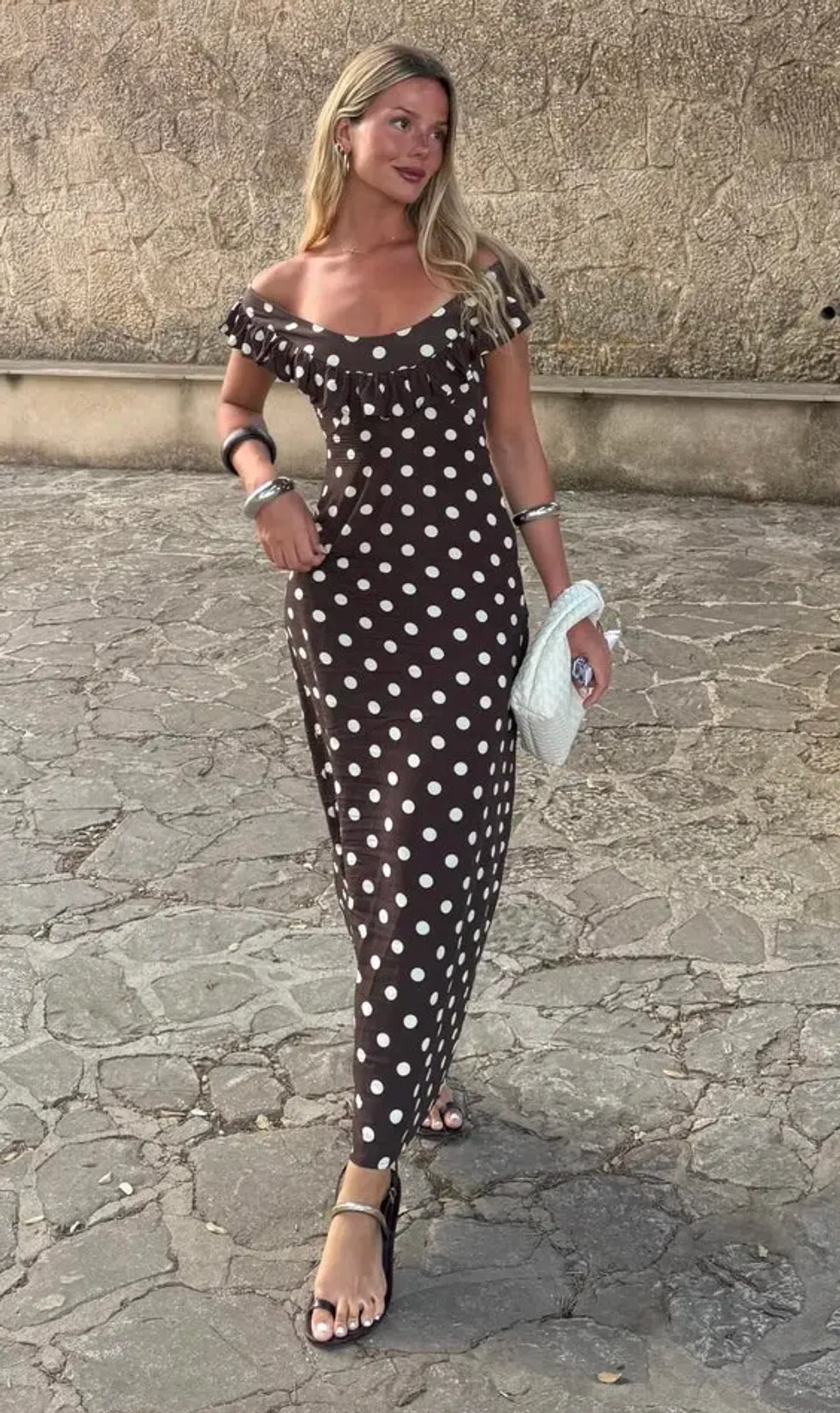 Design By Si Luna Dress Maxi Dress Brown Polka Size 8 for rent on The Volte - main image