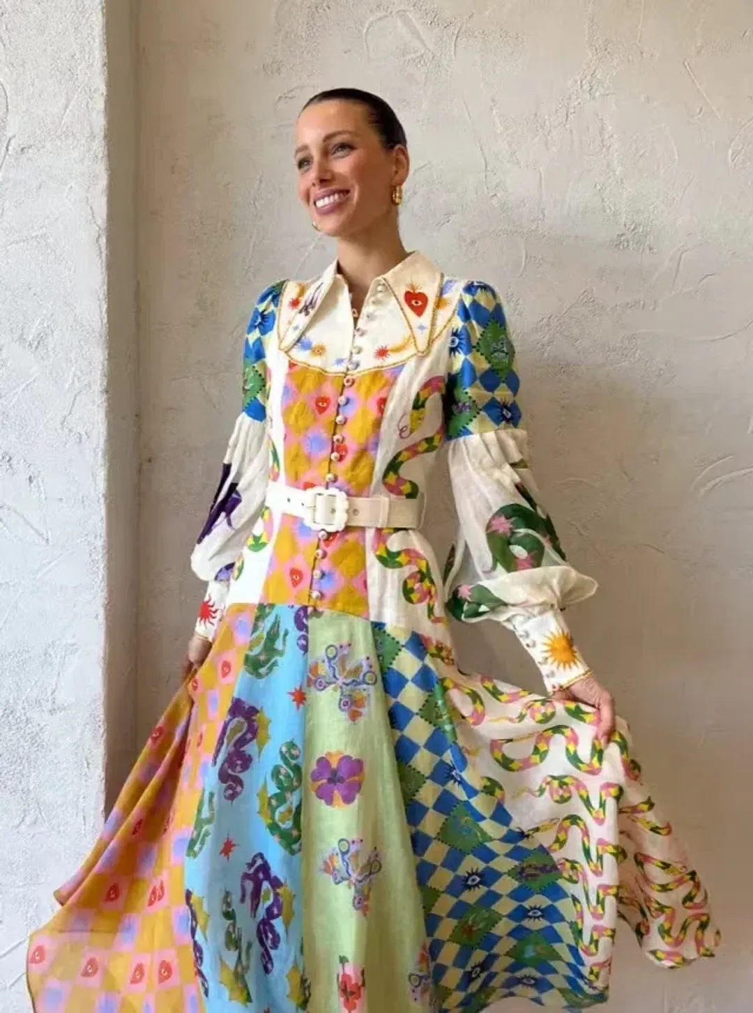 Alemais Lou Balloon Sleeve Shirt Midi Dress Multi Print Size AU 16 for rent on The Volte - main image