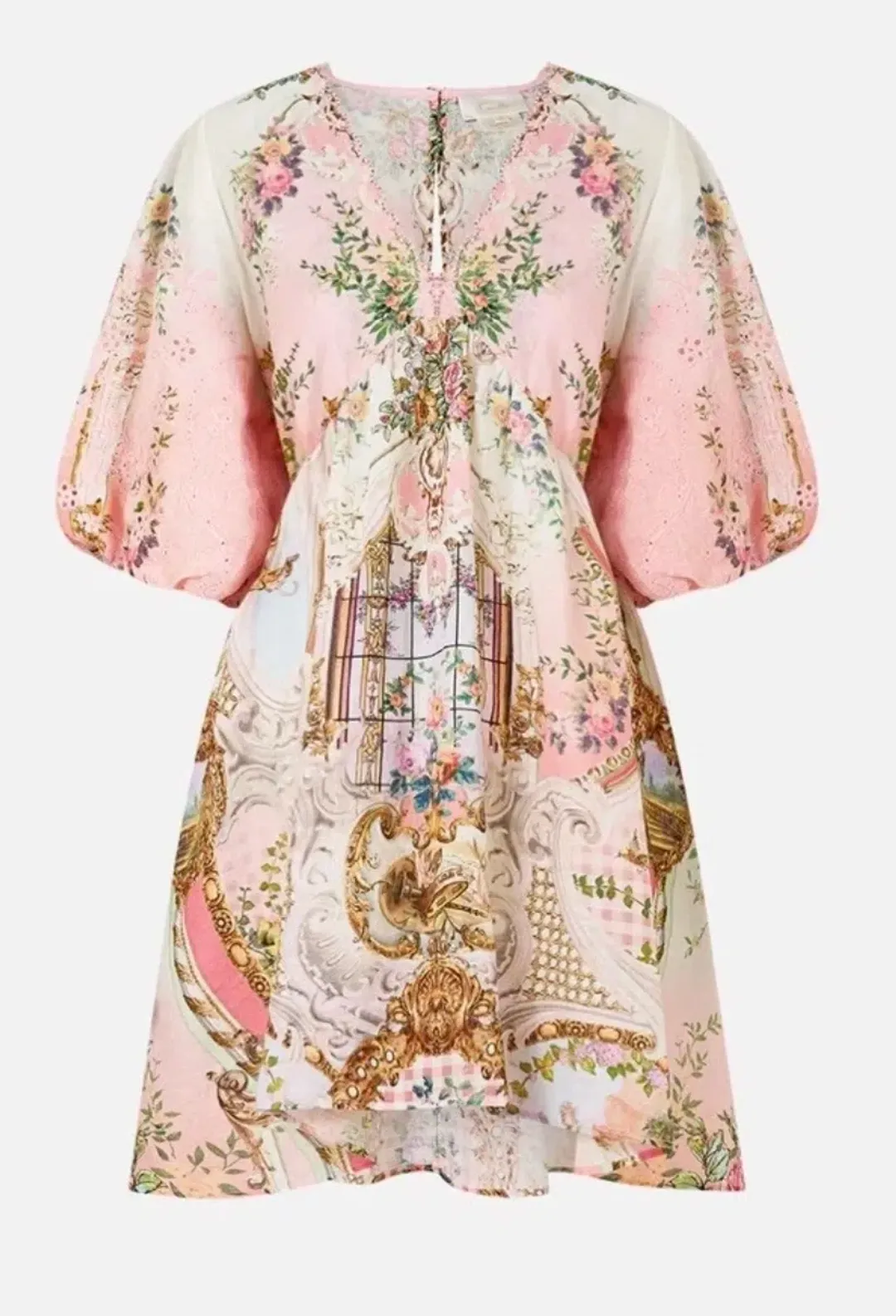 Camilla V Neck Puff Sleeve Short Dress Lisbon Lullaby Size S (10)  for rent on The Volte - main image