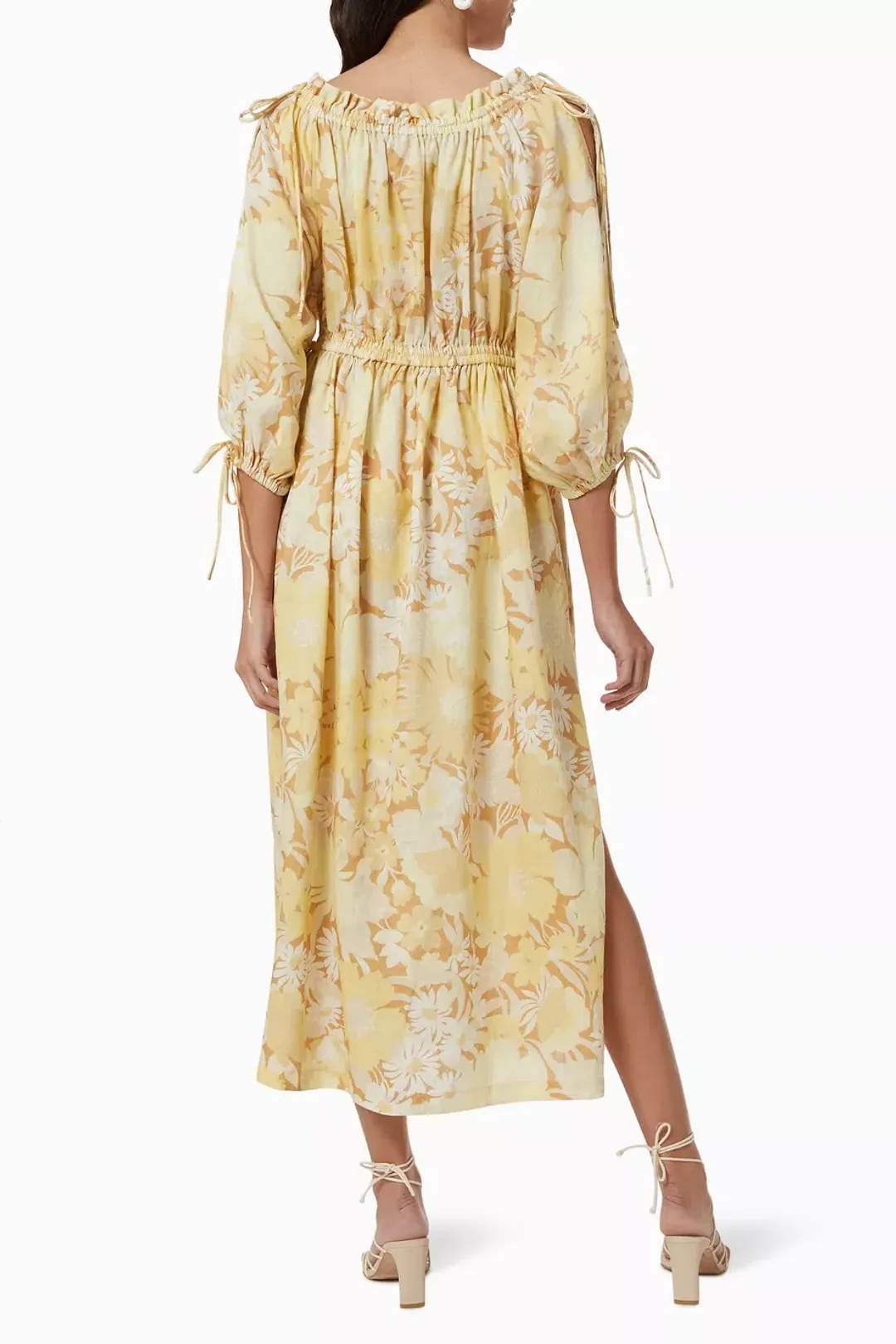 Oroton Garden Floral Midi Linen Dress In Sugarcane Size 6 for rent on The Volte - main image