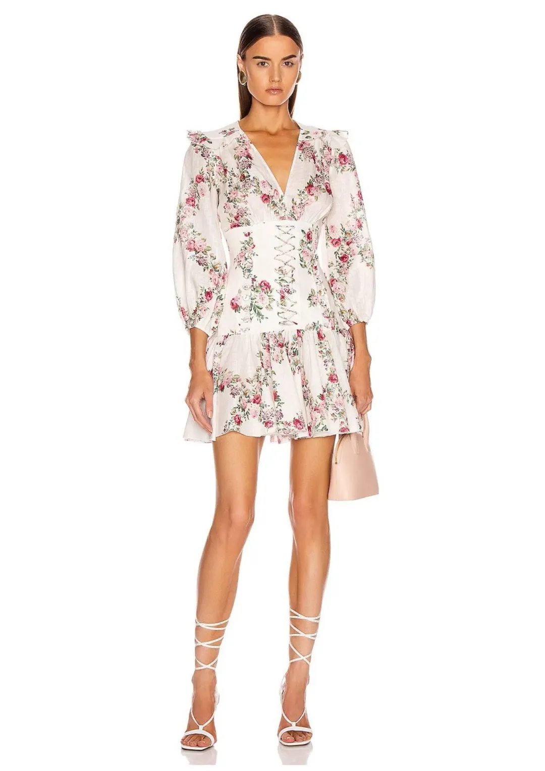 Zimmerman Honour Corset Mini Dress Cream Floral Print Size 6 for rent on The Volte - main image