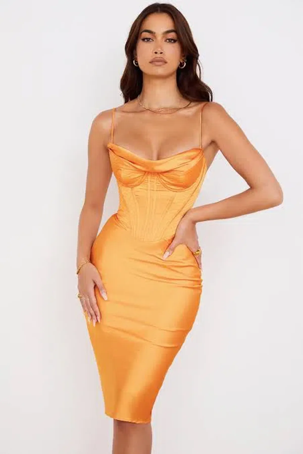 House of CB Myrna Tangerine Satin Corset Midi Dress Size 8 for rent on The Volte - main image