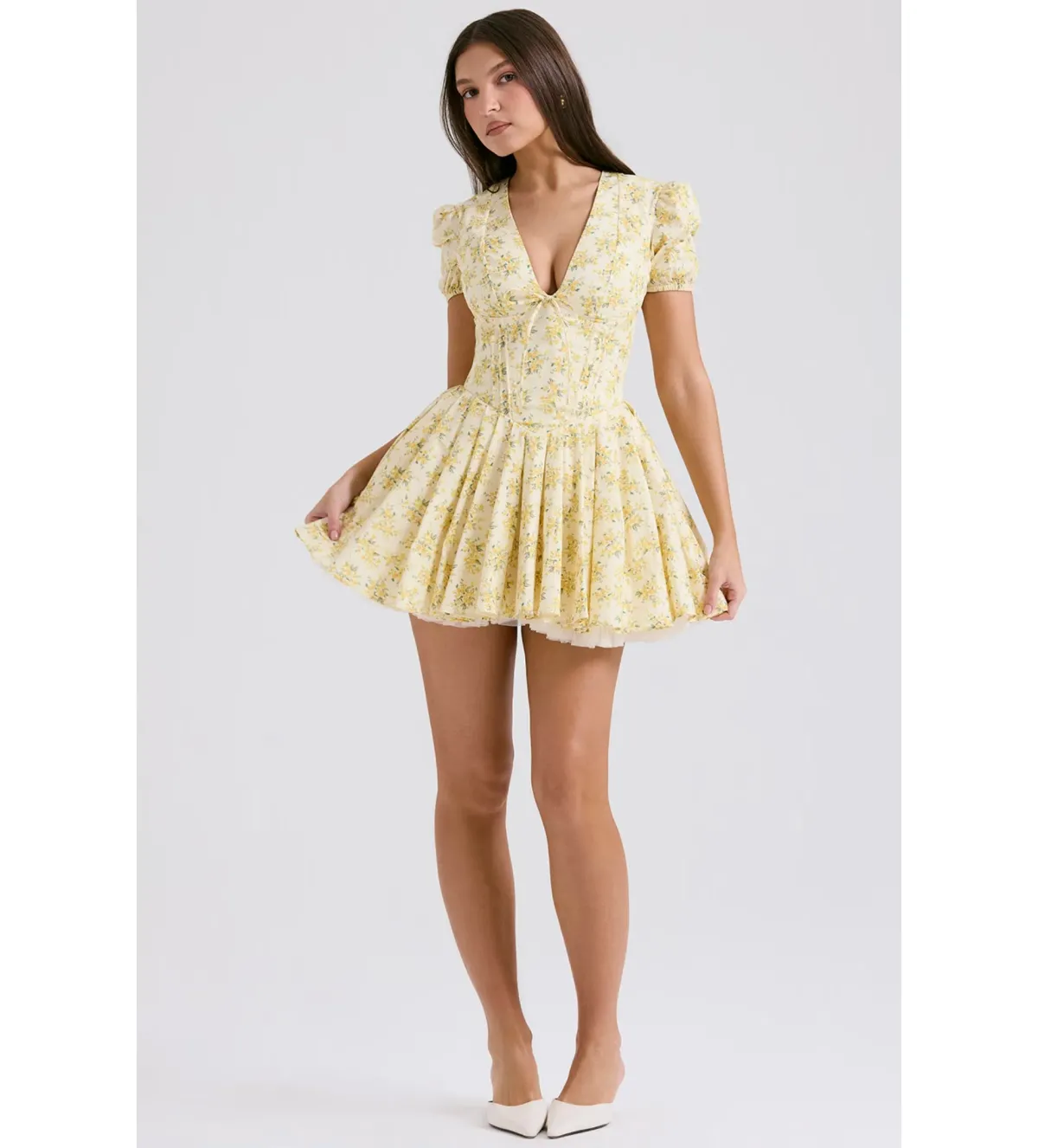 House Of CB Imani Buttercup Pleated Cotton Mini Dress Vintage Floral Print Size 8 for rent on The Volte - main image