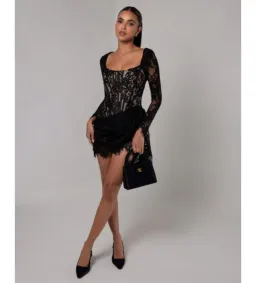 Heiress Beverly Hills Long Sleeve Lace Corset Draped Mini Dress Black Size XL/AU 14 for rent on The Volte - image 2