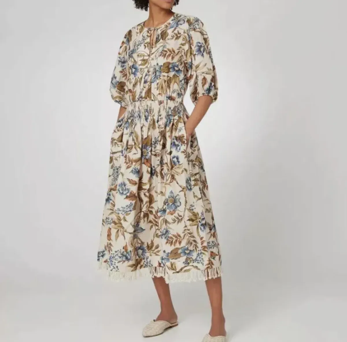 Zimmermann Aliane Shirred Waist Linen Midi Dress Blue Floral Size 2 / AU 12 for rent on The Volte - main image