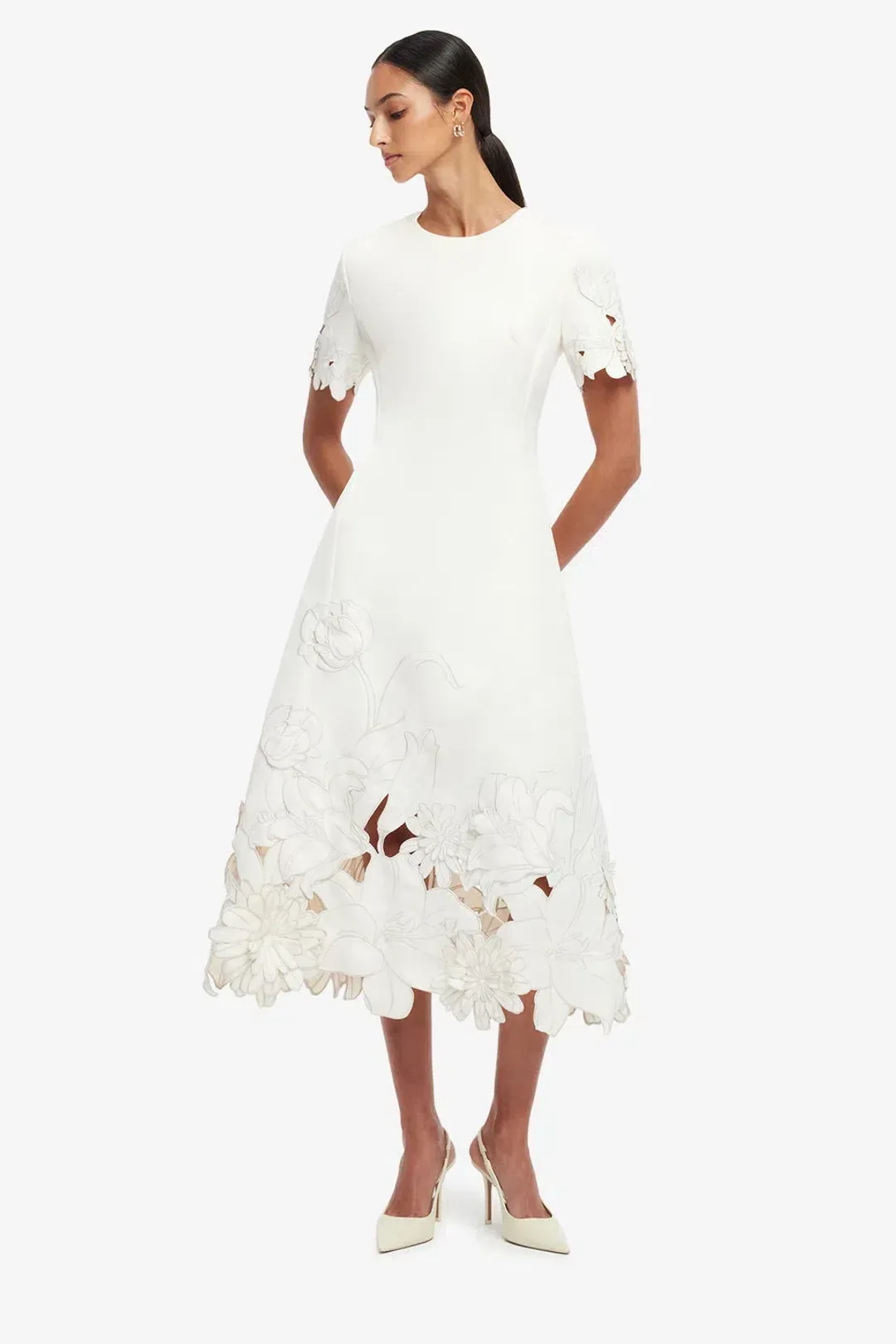  Leo Lin Caroline Applique Short Sleeve Midi Dress Ivory Size 10 for rent on The Volte - main image