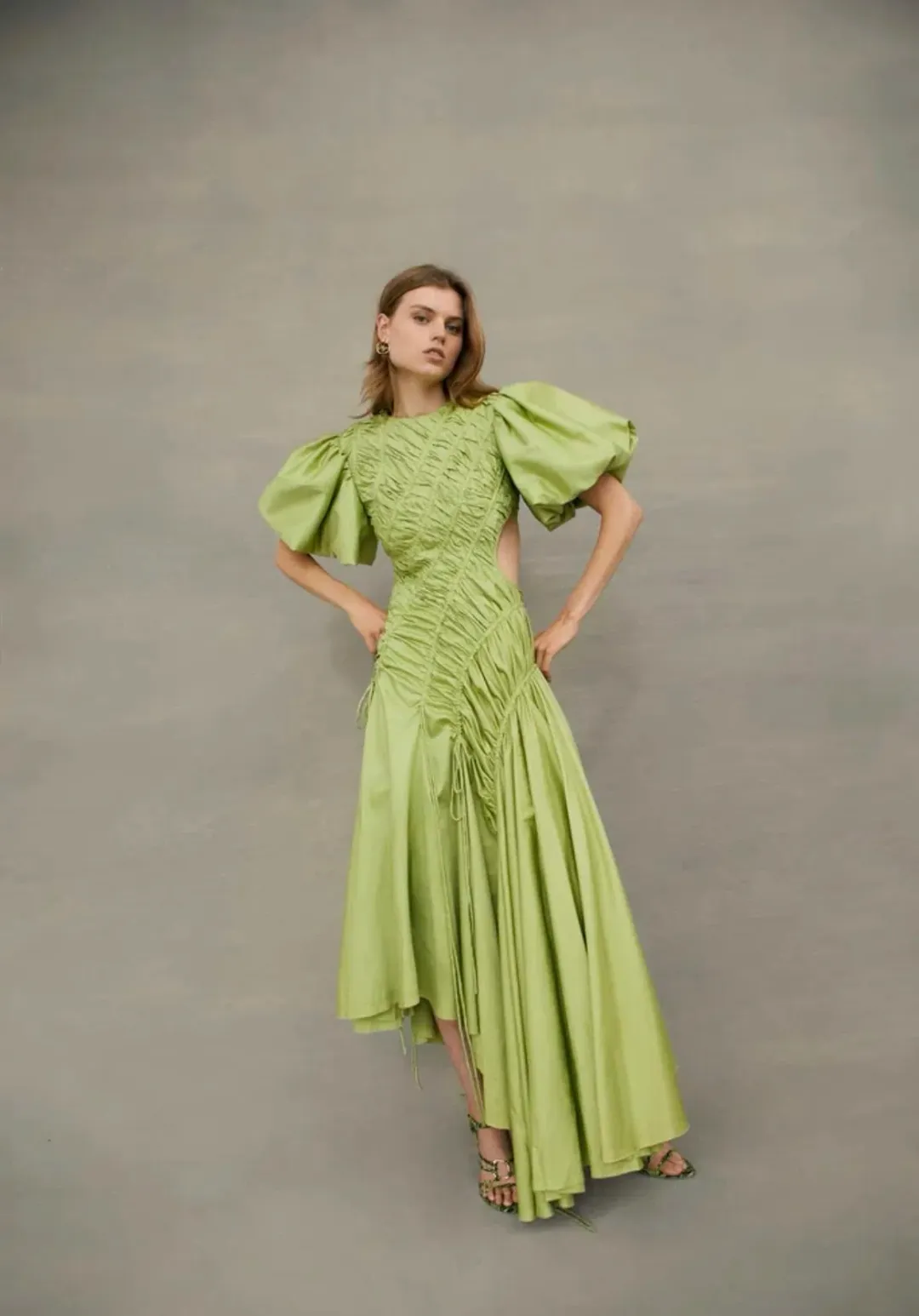 Aje Siren Drawstring Midi Dress Bayleaf Green Size 14 for rent on The Volte - main image