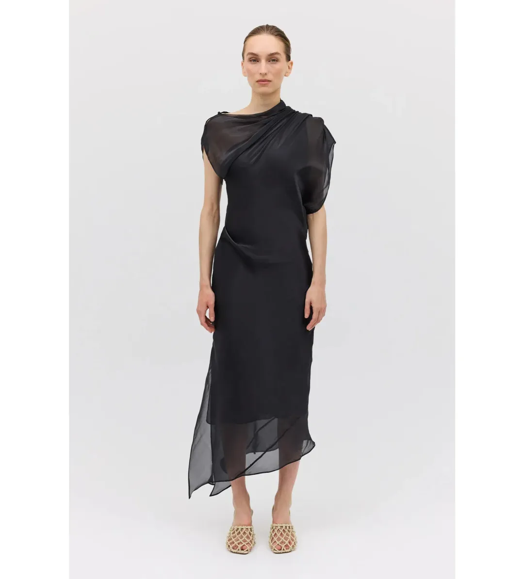 Bianca Spender Liquid Organza Decode Midi Dress Black Size AU 8 for rent on The Volte - main image