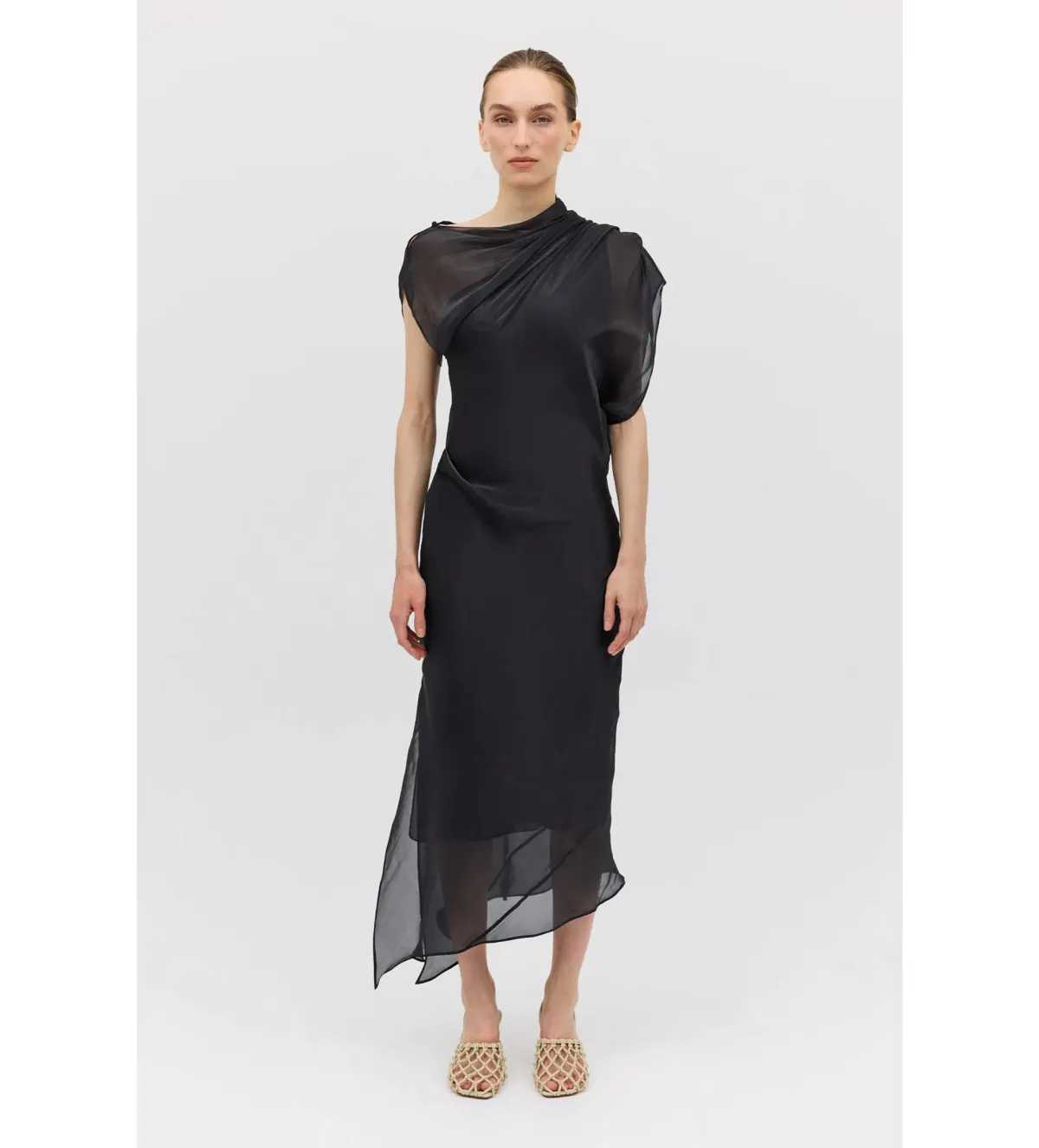 Bianca Spender Liquid Organza Decode Midi Dress Black Size AU 8 for rent on The Volte - main image