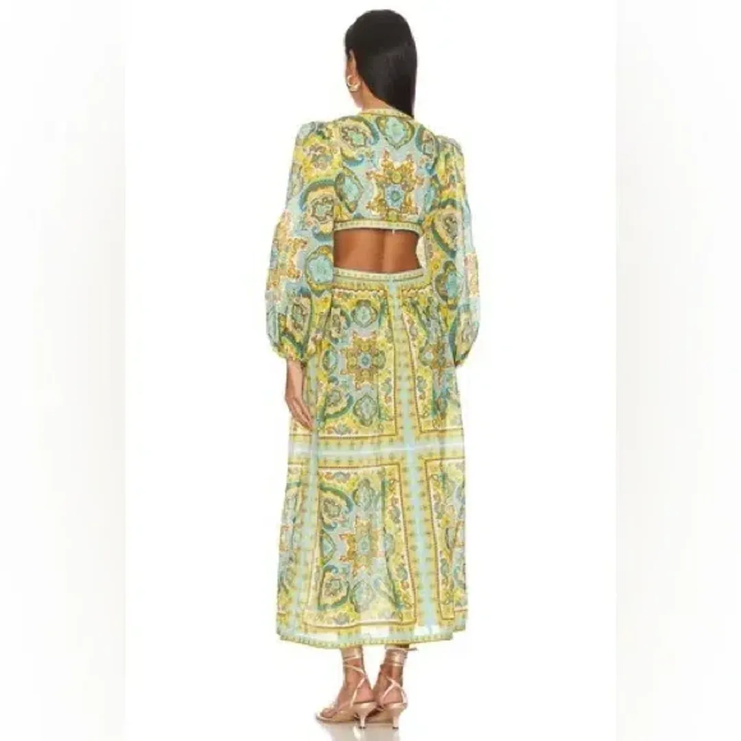 Zimmermann Halcyon Tie Front Midi Dress Size Multi Print 1 / AU 10 for rent on The Volte - main image