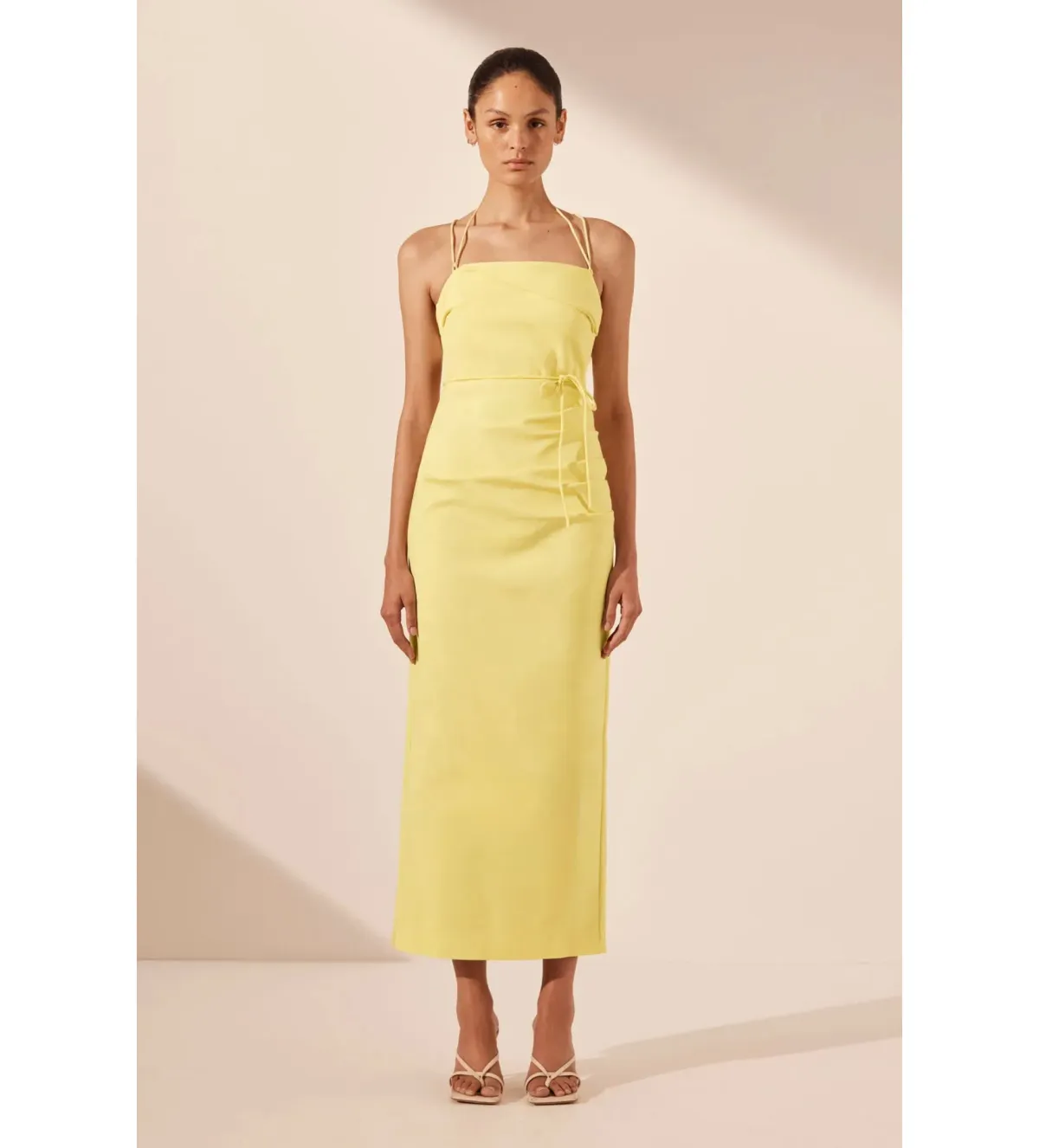 Shona Joy Lani Draped Cross Back Midi Dress Lemon Size AU 8 for rent on The Volte - main image