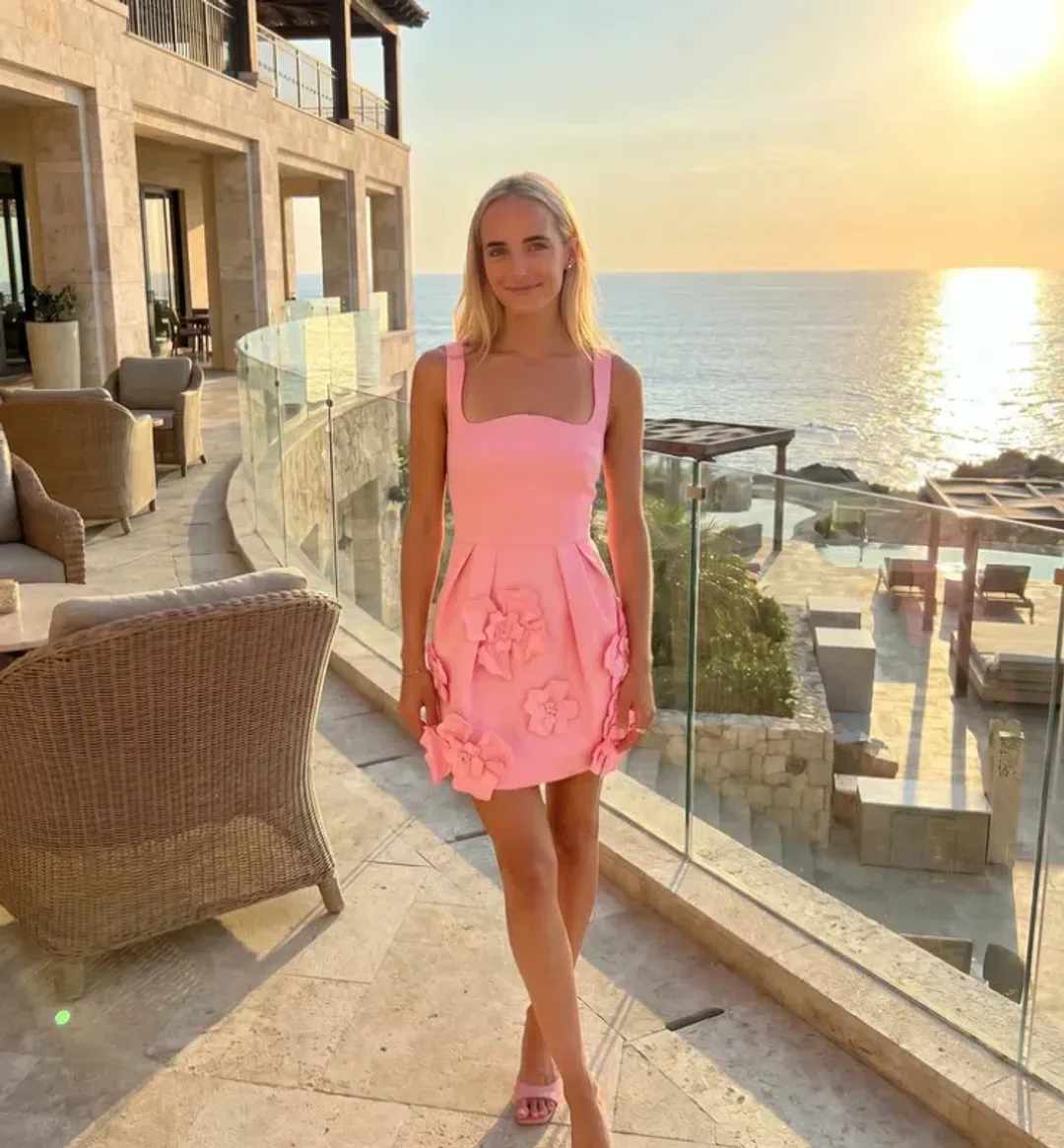 Leo Lin Piper Floral Appliqué Bell Shape Mini Dress Baby Pink Size 8 for rent on The Volte - main image