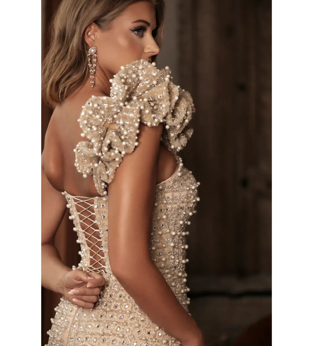 Gold Couture Hana Pearl & Swarovski Beaded Ruffle Shoulder Gown Gold Size AU 12 for rent on The Volte - main image