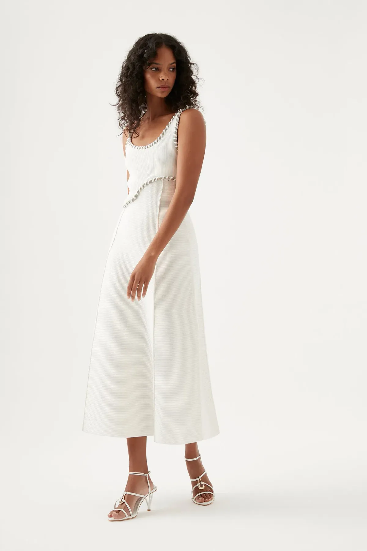 Aje Carve Abstract Knit Midi Dress in Ivory Size 10 for rent on The Volte - main image