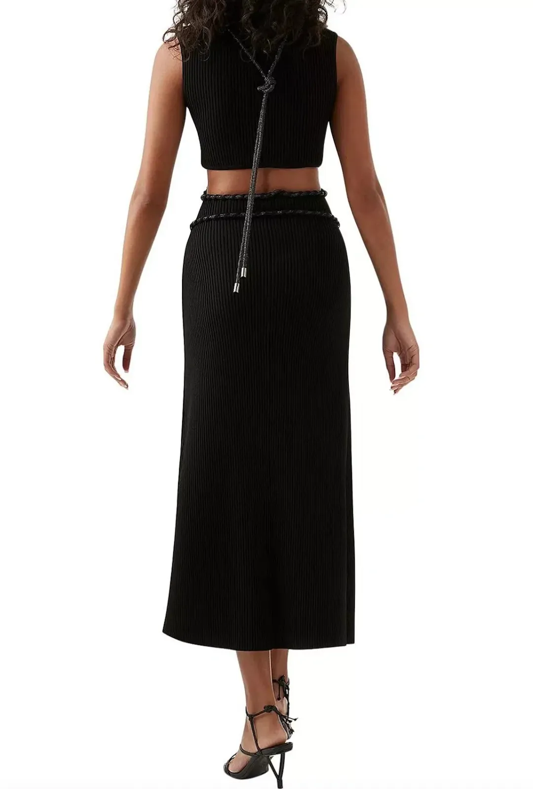 AJE Arp Cut Out Knit Midi Dress Black with Crystal Rope Detail Size M / AU 10 for rent on The Volte - main image