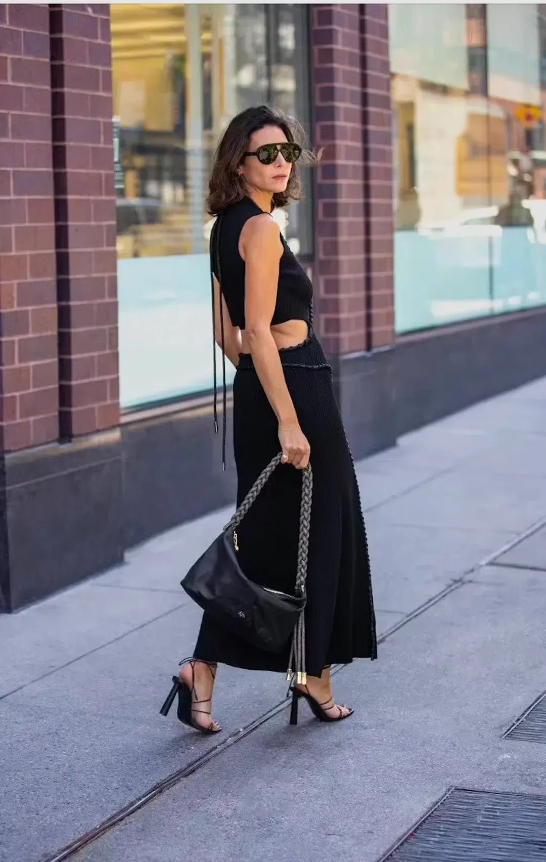 AJE Arp Cut Out Knit Midi Dress Black with Crystal Rope Detail Size M / AU 10 for rent on The Volte - main image