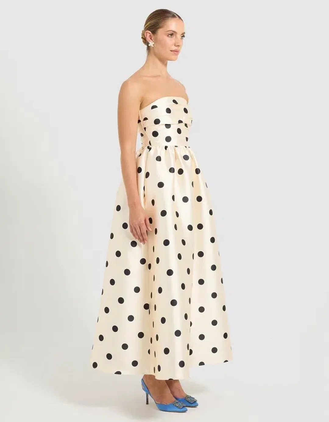 Pasduchas Dottie Strapless Midi Dress Cream and Dot Polka Size 8 for rent on The Volte - main image