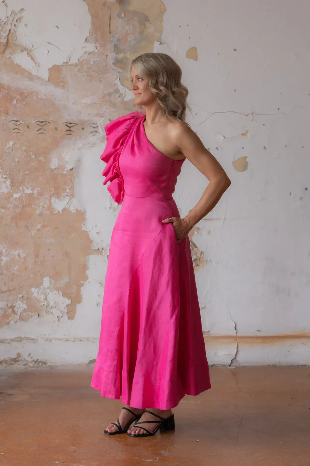 Aje Bonjour Asymmetric Midi Dress in Fuchsia Size AU 8 for rent on The Volte - main image