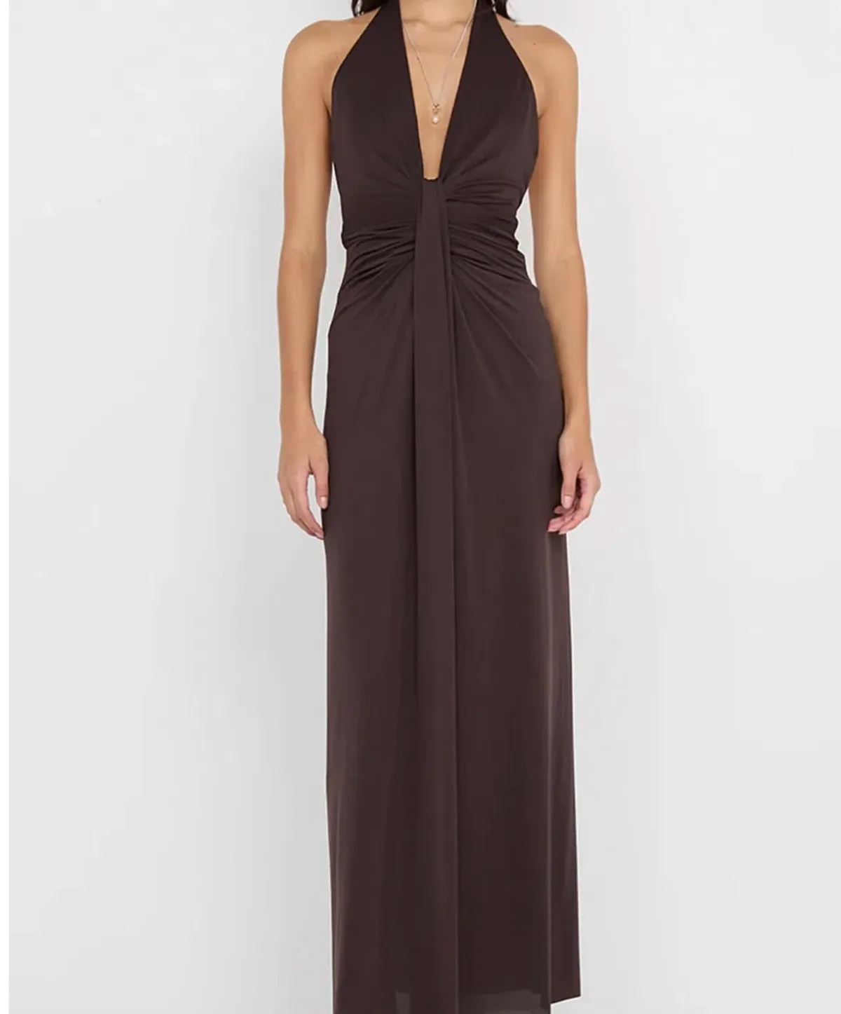 Bec & Bridge Tillie Drape Maxi Dress Dark Chocolate Size AU 8 for rent on The Volte - main image