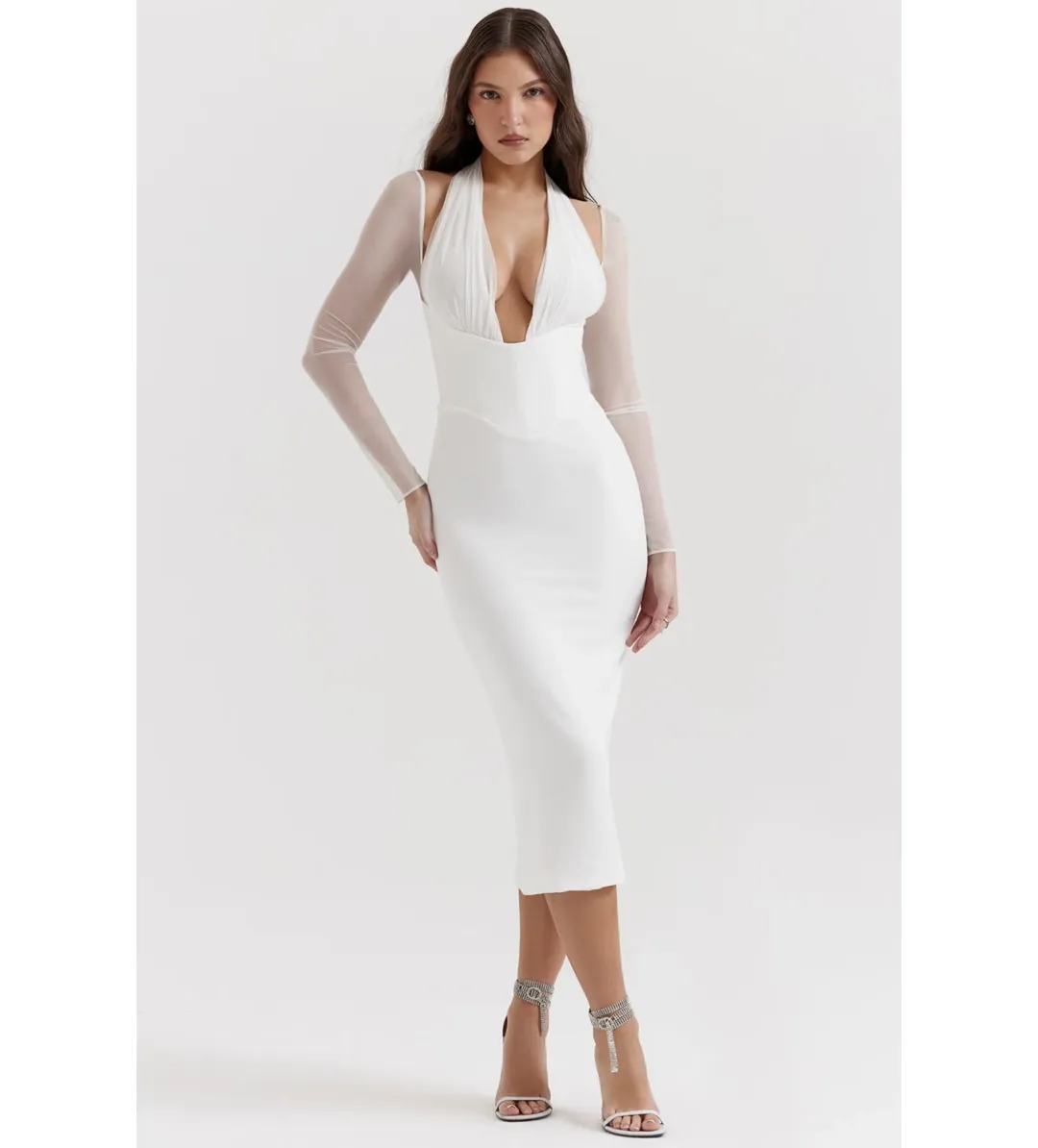 House of CB Yasmin Plunge Midi Dress in White Size 6  for rent on The Volte - main image