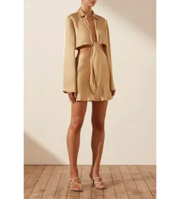Shona Joy Oliviera Long Sleeve Tie Front Mini Dress in Gold Size 14 for rent on The Volte - image 1