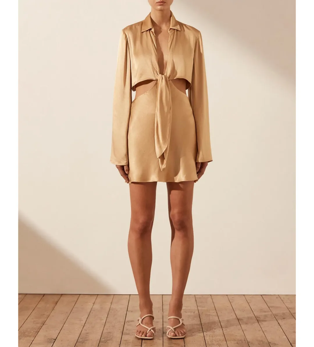 Shona Joy Oliviera Long Sleeve Tie Front Mini Dress in Gold Size 14 for rent on The Volte - main image