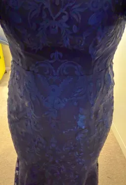Formal Gown by Bariano Navy Lace 3/4 sleeves tapered length for rent on The Volte - image 5
