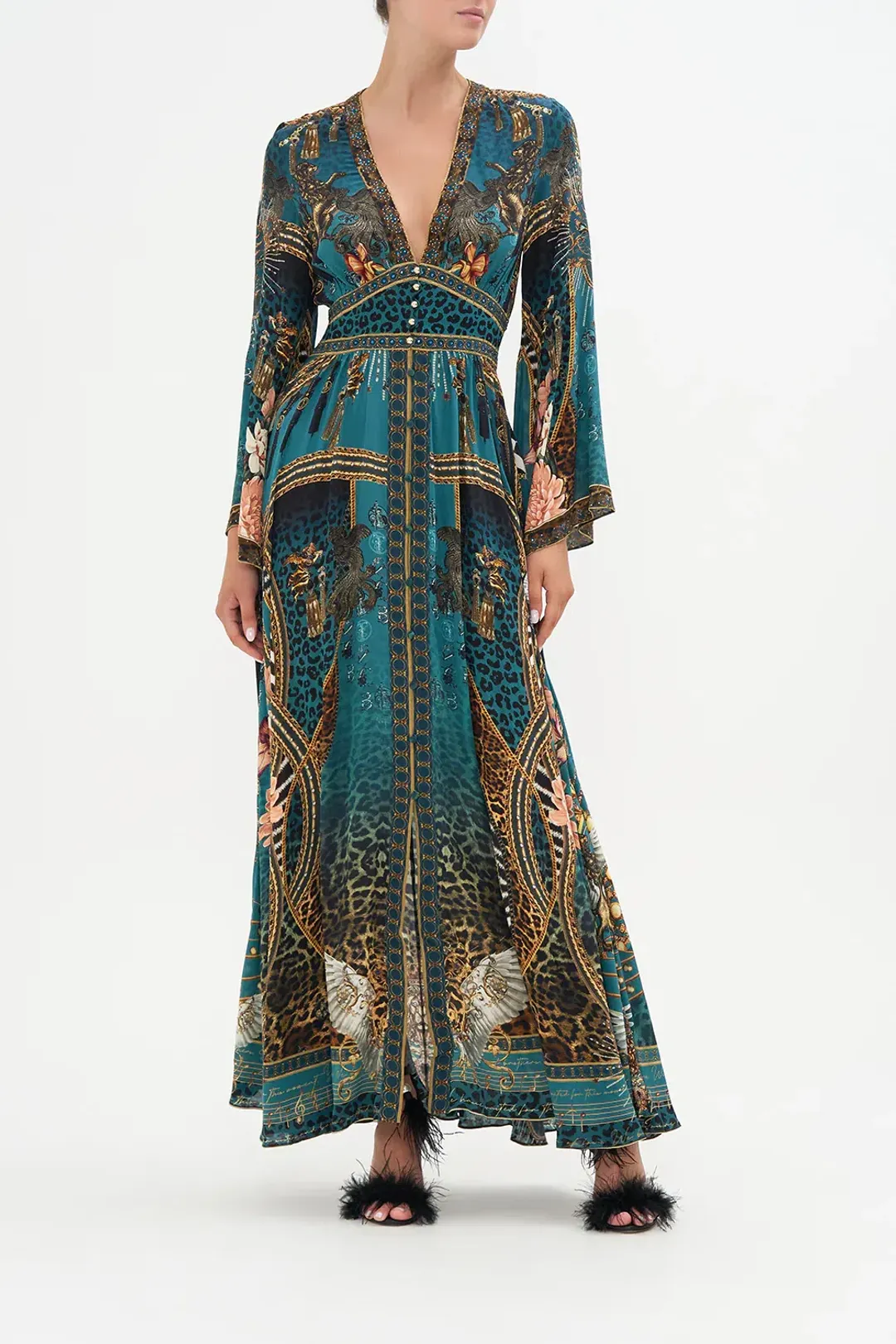 Camilla Kimono Sleeve Dress with Shirring Detail, Tiger Pants Size L/AU14 for rent on The Volte - main image
