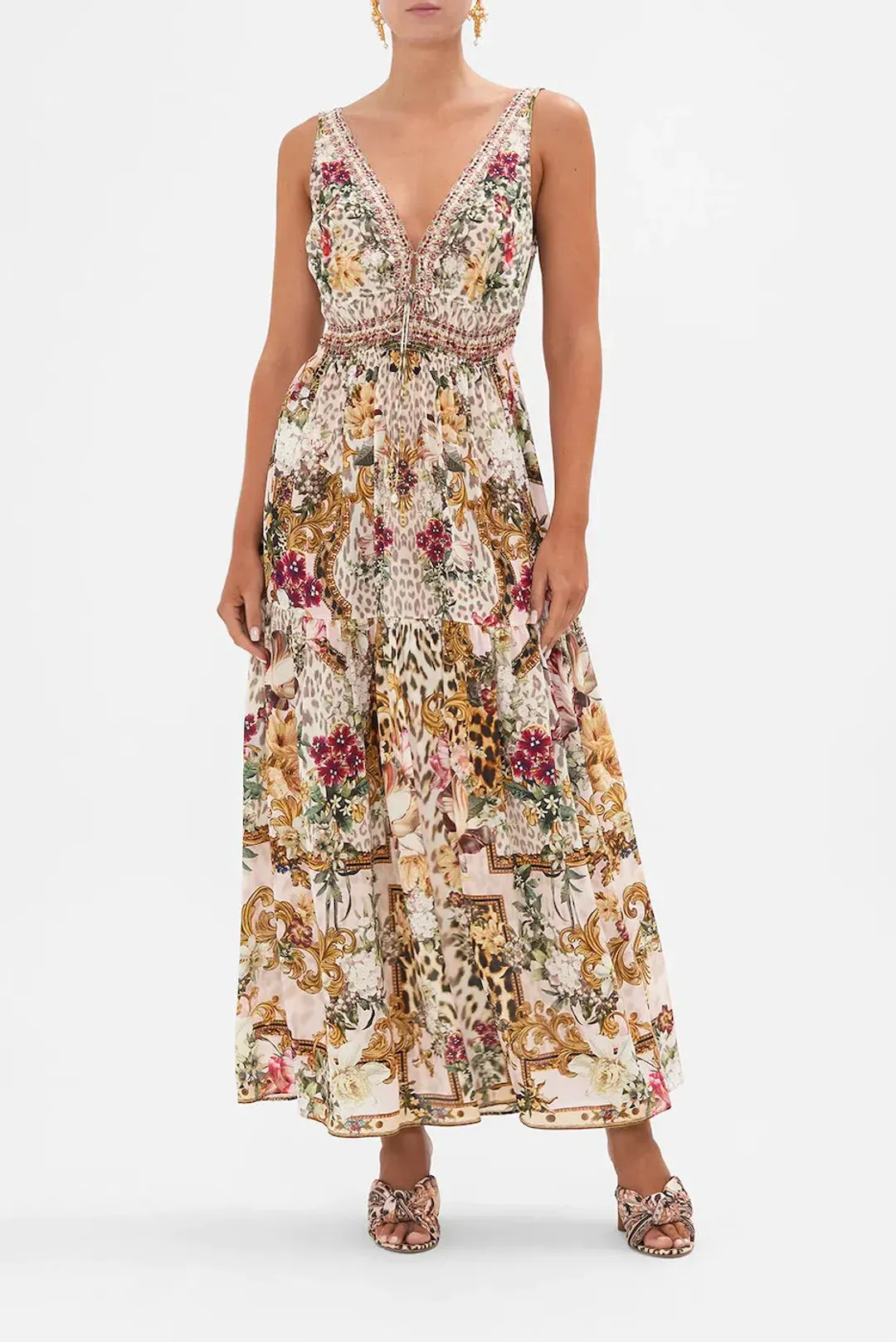 Camilla Shirred Waist Detail Long Dress in Bambino Bliss Print Size L / AU 14 for rent on The Volte - main image