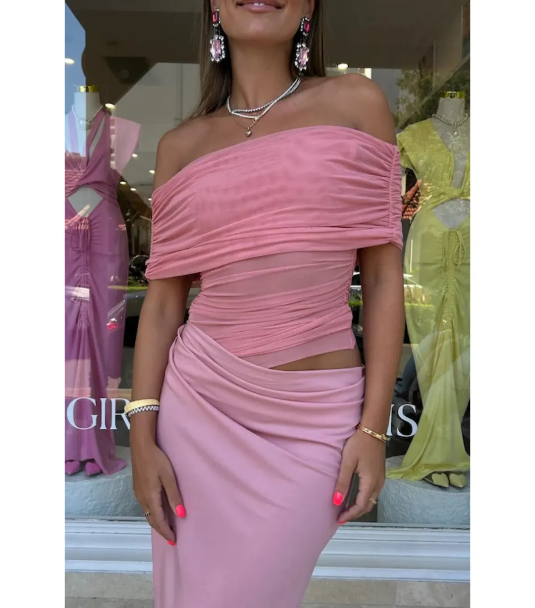 Benni Nico Off Shoulder Maxi Dress Candy Floss Pink Size AU 6 for rent on The Volte - main image