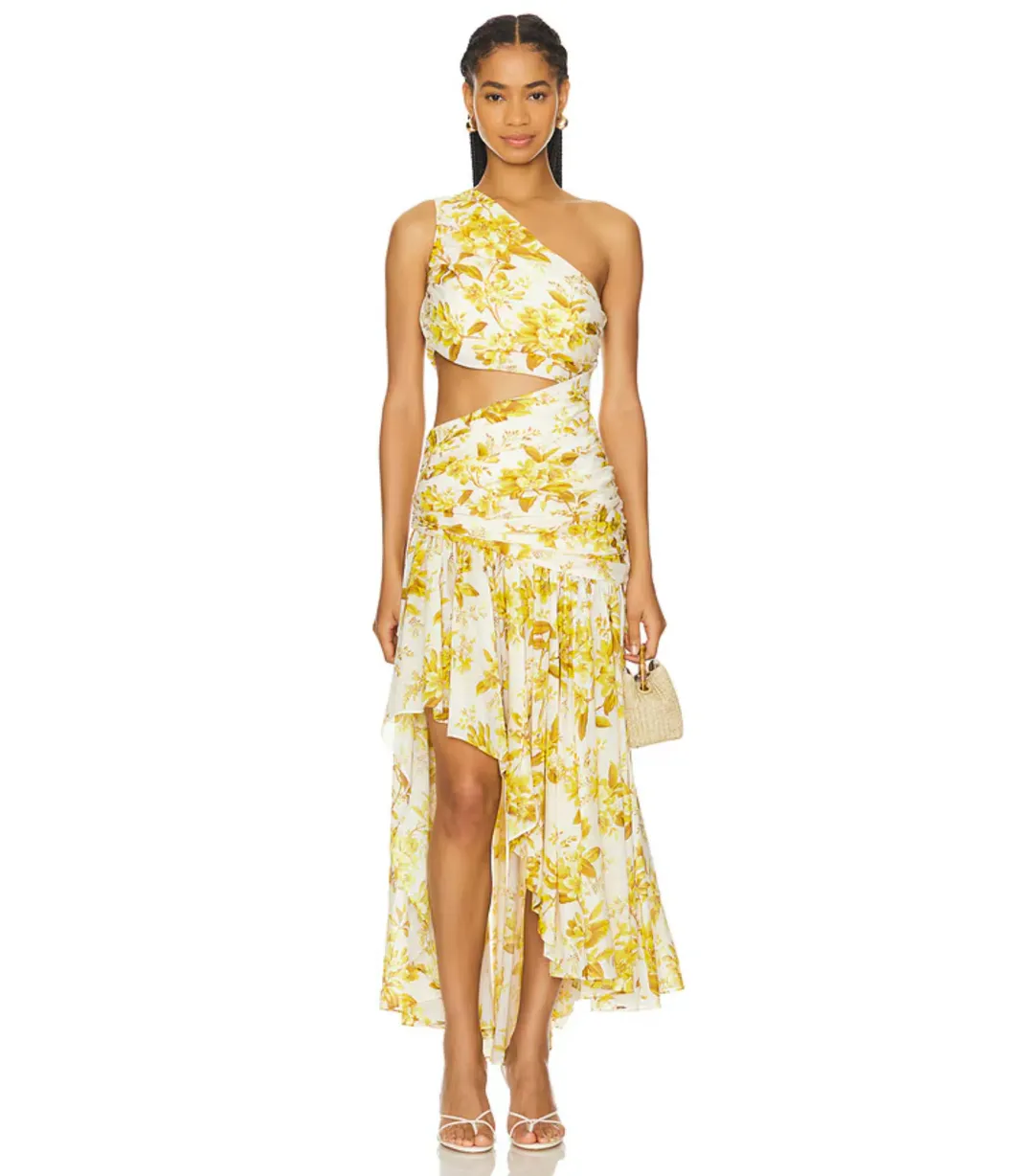 Zimmermann Golden Asymmetric Midi Dress in Yellow Toile Floral Size / 3 AU 14 for rent on The Volte - main image