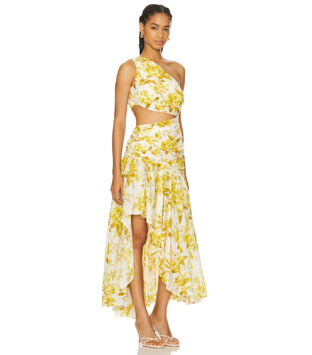 Zimmermann Golden Asymmetric Midi Dress in Yellow Toile Floral Size / 3 AU 14 for rent on The Volte - main image