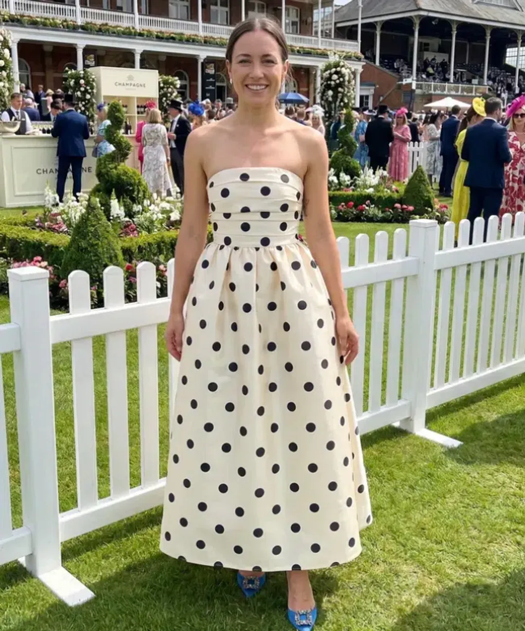 Pasduchas Dottie Strapless Midi Dress in Cream/Black Size AU 8 for rent on The Volte - main image