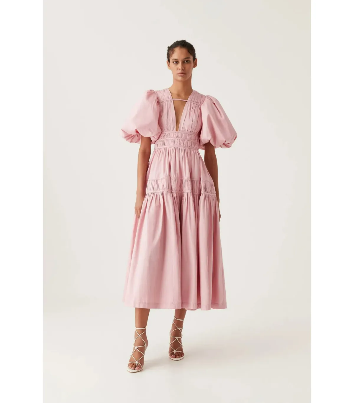 Aje Fallingwater Gathered Midi Dress Chalk Pink Size AU 6 for rent on The Volte - main image
