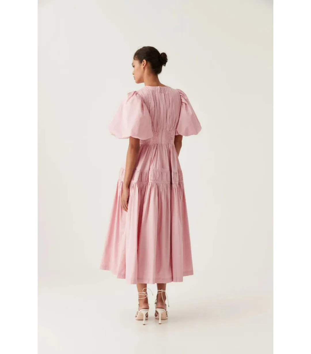 Aje Fallingwater Gathered Midi Dress Chalk Pink Size AU 6 for rent on The Volte - main image