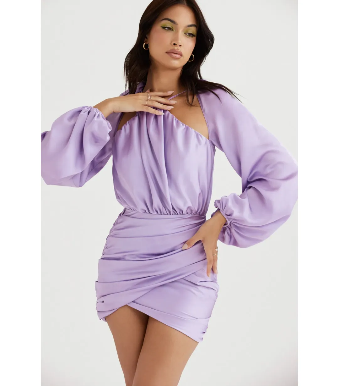 House of CB Kate Satin Wrap Front Mini Dress Orchid Size AU 10 for rent on The Volte - main image